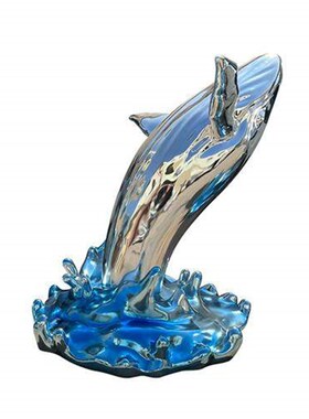 玻璃钢鲸鱼浪花雕塑不锈钢定制创意水景酒店门厅海洋动物摆件装饰