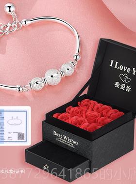 正品9银手链银手99纯女圆珠足银饰简约宫铃铛镯镯子小众设计开银