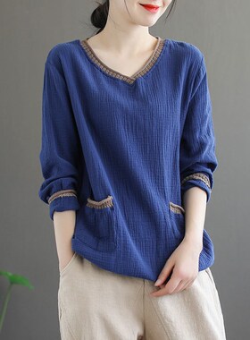 棉质双层棉纱文艺复古纯色V领恤T衫2023韩版宽松袖长女衫打底百搭
