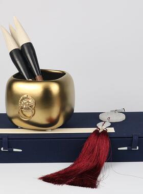 新中式古典铜狮笔筒摆件样板房间家居客厅书房办公室桌面软装饰品