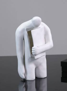 现代简约白色树脂开心人像人物摆件样板房书房客厅餐厅软装饰品