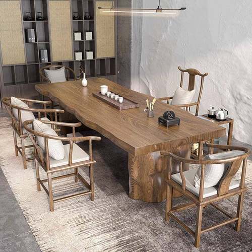 新中式茶椅组实木大板茶DTY酒桌办公合室大板桌茶台家用店原木泡 - 图1