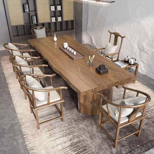 新中式茶椅组实木大板茶DTY酒桌办公合室大板桌茶台家用店原木泡 - 图2