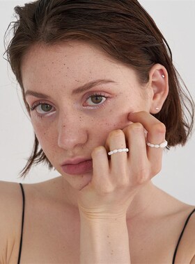 N/L 法式优雅极简天然白色贝母戒指女极细米珠食指串珠弹力指环手