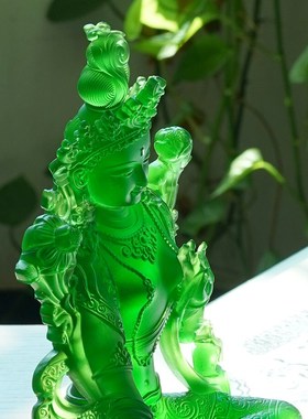 尼泊尔藏式琉璃绿度母佛像摆件家庭家用供奉观音佛像菩萨镶嵌宝石