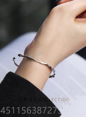 高档JUTIAN女 纯银镯INS个性潮简不规约则凹凸面手女细款百搭银饰
