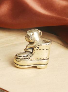 纯黄铜鞋子藏小狗手把件挂件冻成狗趣味创意吊坠工艺品小铜器