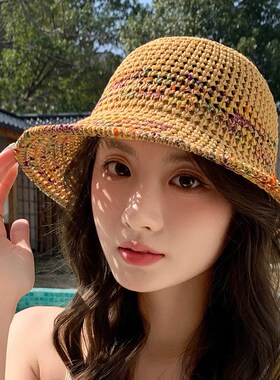 新款彩色编织大檐遮阳盆帽女韩版时尚显脸小百搭水桶帽休闲渔夫帽