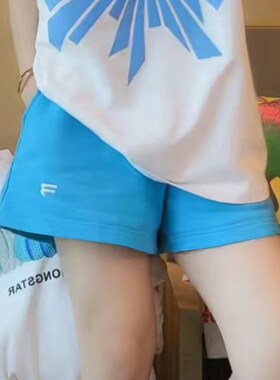 蓝色运动短裤女夏2023显瘦宽松韩版松紧高腰休闲热裤阔腿a字裤子