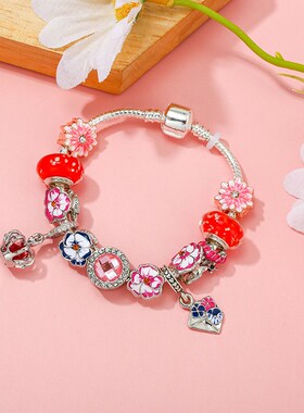 欧洲魅力清新甜美三色堇花闺红色夜光珠DIY镀银蛇骨链手链
