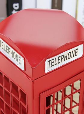 Zakka杂货手工艺品 仿古工艺铁皮红色电话亭模型装饰摆件