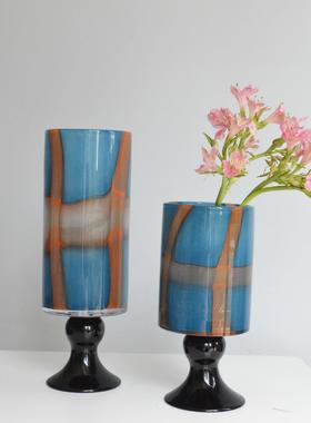 新中式高脚拼色直筒玻璃花瓶法式中古艺术高级感水养花器客厅摆件