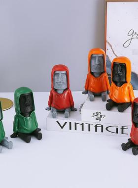 创意穿衣服石像摩艾树脂工艺品桌面手机座懒人支架搞怪办公室摆件