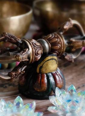 尼泊尔铜制大号五股金刚杵34厘米彩色龙头五股杵带木雕底座