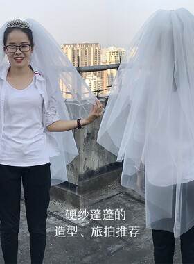 简约韩式短款双层婚礼旅拍头纱新娘结婚遮面带发梳素纱拍照道具