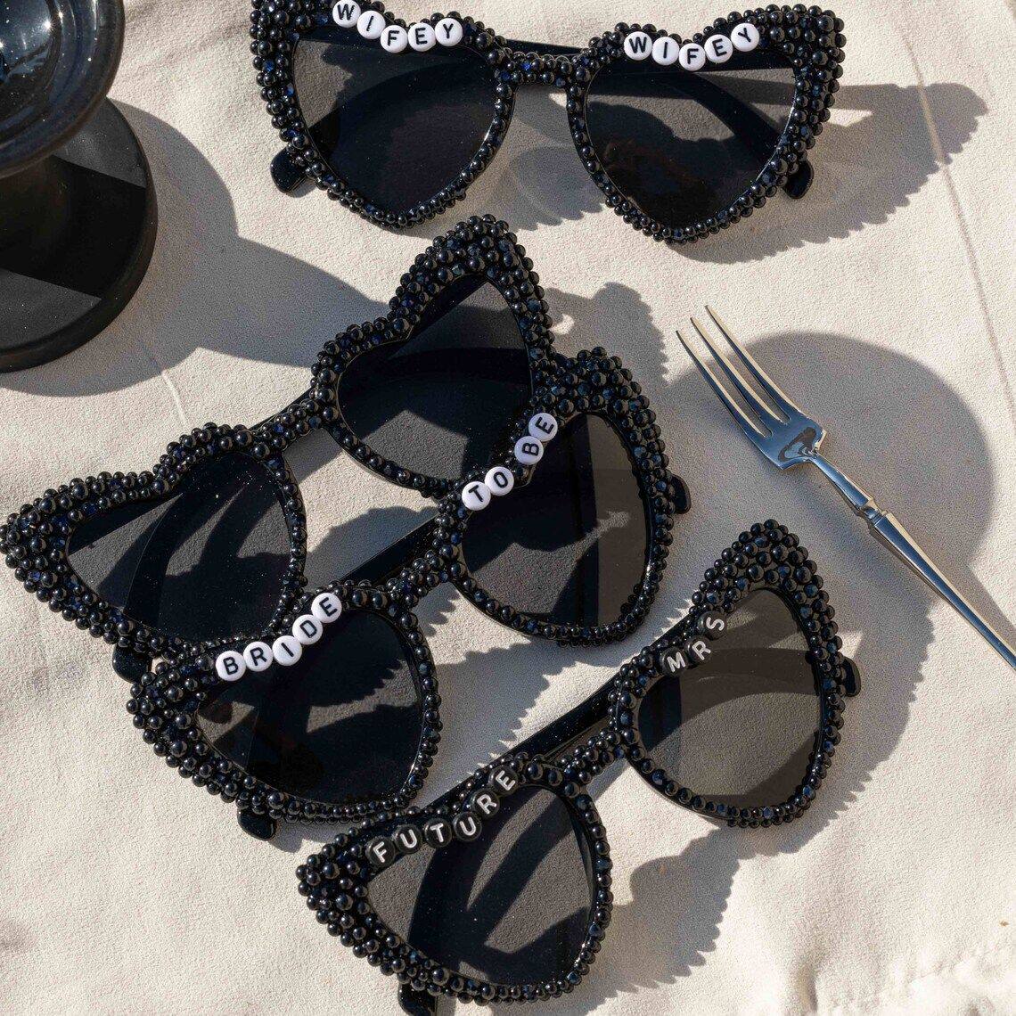 Wedding party bride black pearl love sunglasses