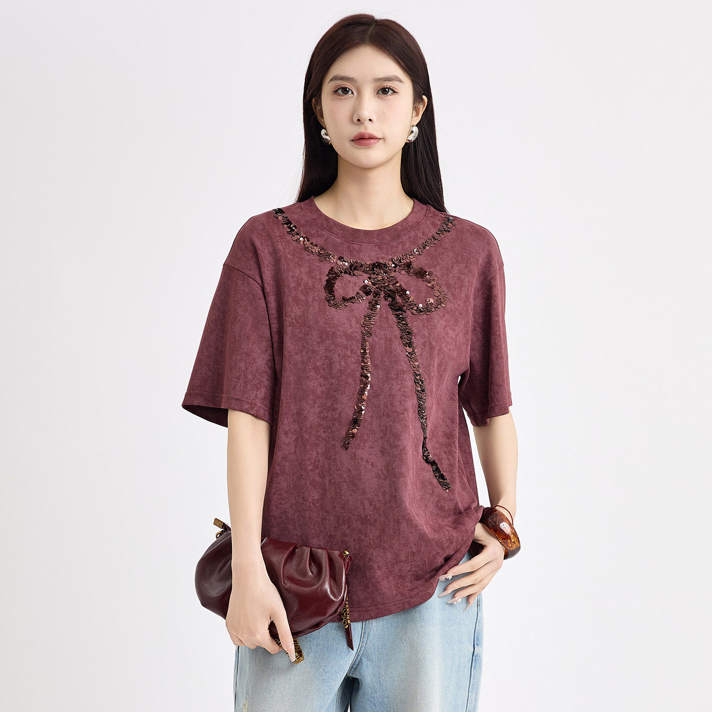 法柚酒红色亮片蝴蝶结短袖T恤2026春季新款设计感小众独特上衣,淘宝优惠券,粉丝福利购,淘宝优惠卷