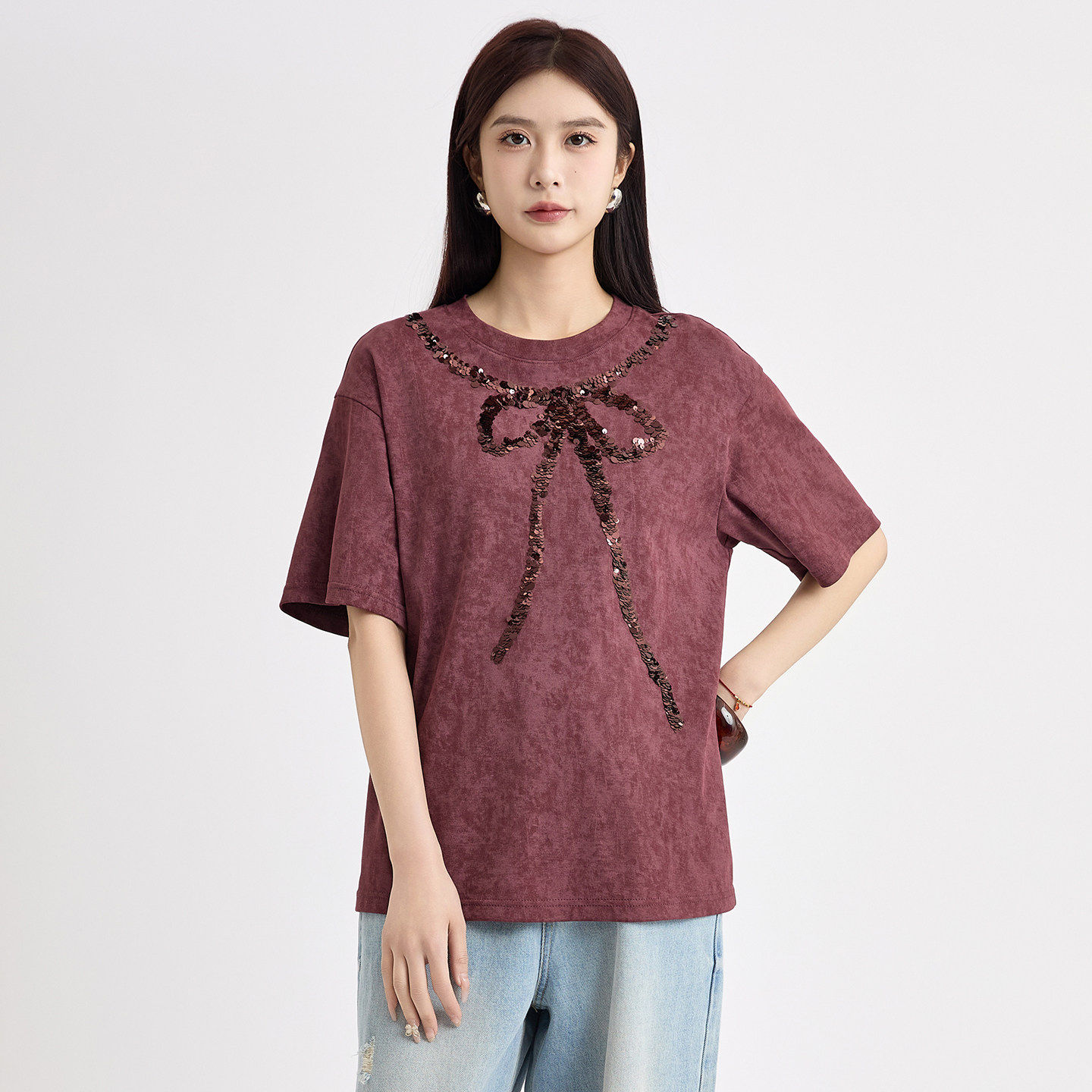 法柚酒红色亮片蝴蝶结短袖T恤2026春季新款设计感小众独特上衣,淘宝优惠券,粉丝福利购,淘宝优惠卷