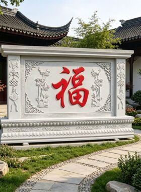 青石浮雕照壁花岗岩汉白玉农村影壁墙中式庭院别墅迎门墙浮雕照壁