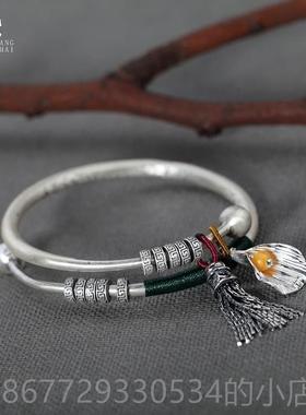 高档银手镯女99古纯风银复古实心苏古法宫铃吊坠流民族风推拉拢银