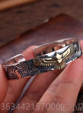 高档S925银复手工银高桥吾郎风格老鹰唐草男人个性男子士手镯潮古