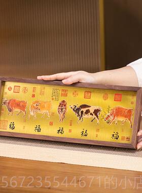 高档朱五桌炳仁铜《牛积福》桌屏装办公室书桌面饰画铜雕画轻奢礼