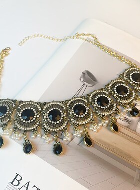 复古镶钻黑色珍珠流苏项链女气质个性方形金属锁骨链耳环民族风