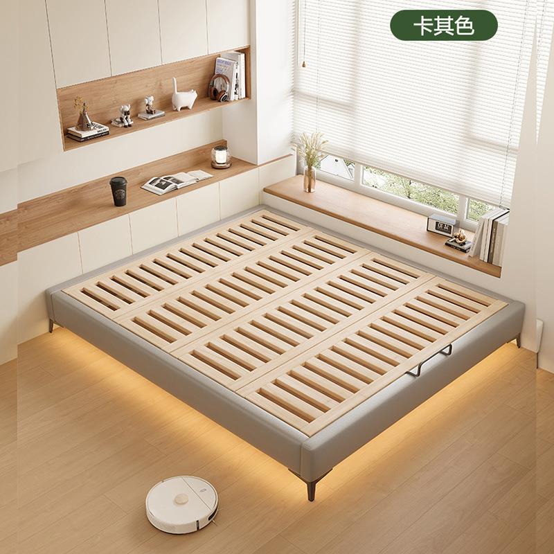 Headless bed frame with mortise and tenon joints and thickened beech wood row frame modern double-sided cat-scratch QGN leather solid simple wood hanging bed