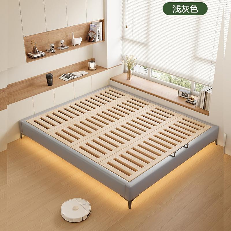 Headless bed frame with mortise and tenon joints and thickened beech wood row frame modern double-sided cat-scratch QGN leather solid simple wood hanging bed