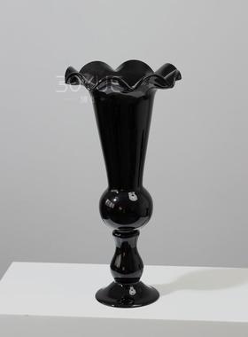 MEI中古风高黑色创意脚风灯琉璃花瓶花几何大口台餐厅烛瓣软装饰
