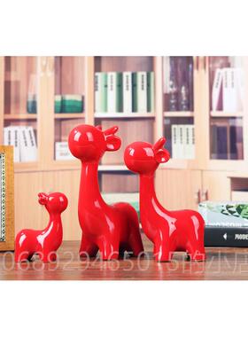 正品景德镇陶瓷装工艺品饰家居客颈厅电视柜摆件庆红色长鹿婚喜庆