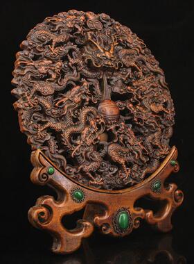 古玩杂项工艺品黄杨木雕刻镶嵌宝石仿古九龙屏风家居摆饰