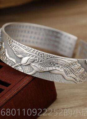 正品莲花镯心9经银手99足银男纯女款开口复古宽版个性银镯子银制