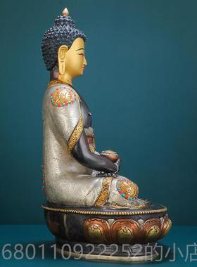 正品阿弥陀佛佛泊尔黄铜手工古色鎏鎏银密宗佛台供尼奉摆像件金三