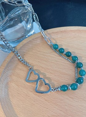 小清新串珠项链女小众设计拼接爱心锁骨链高级感颈链冷淡风项饰夏