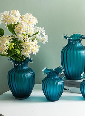 欧AL657307式轻奢蓝色纹条浪花口玻璃插花花鲜花郁金香瓶家居厅客