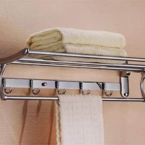 D8T国架不锈钢浴巾架折叠带钩毛巾卫生间置物架PJR浴室五德金挂挂 - 图1