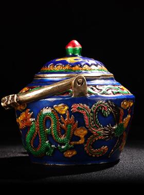 仿古铜摆件 铜景泰蓝 珐琅龙凤茶壶 酒壶家居装饰礼品工艺品