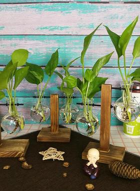 创意小清新木架水培家居装饰玻璃花瓶办公桌实木玻璃水培花器摆件