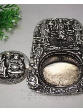 文化用品文房四宝收藏 复古图花纹铜制白铜砚台