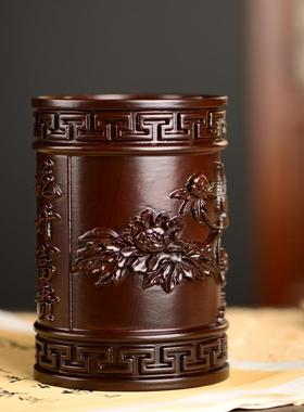 黑檀木雕花开贵笔富客筒工艺品公室书桌家居厅木质FJR01544笔办筒