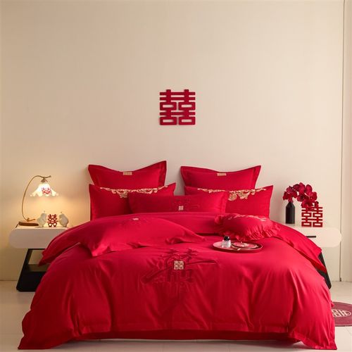 简约中式红色婚庆四件套结婚纯棉喜庆陪嫁被套新婚礼床上用品备婚 - 图3
