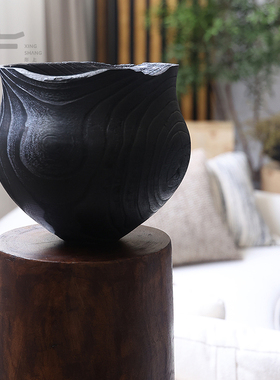 中古风实木墩底座圆形柱子雕塑台民宿客厅沙发侧装饰品炭化木花器