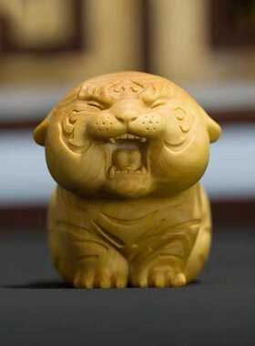 黄杨木雕萌虎文玩摆件 萌宠小老虎车载木质工艺品手把件生肖胖虎