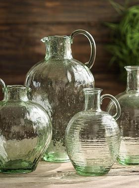 绿色单耳锤纹玻璃大肚花瓶 水养客厅落地圆肚大花器 摆件