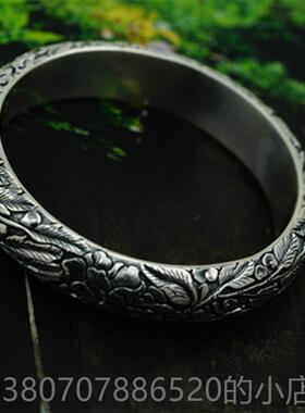 高档红银覆古镯银手99银女手盛工浮雕实心民族风放纯牡丹开口银镯