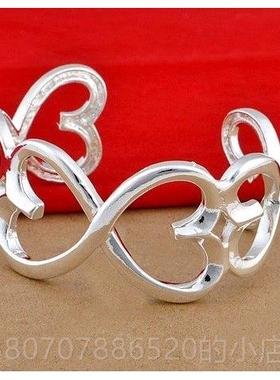 高档新年礼物珍藏925纯双银扉开口 手镯 时尚银心手镯饰品韩女银