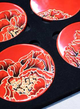 高档三工彩艺原创《鎏金自牡丹手陶瓷隔热杯垫餐桌洛阳特色用送》