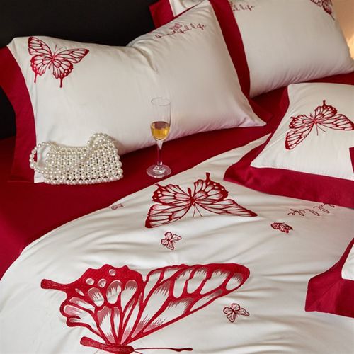 高档中式婚庆四件套全棉床单床笠款纯棉刺绣被套结婚喜被床上用品 - 图1