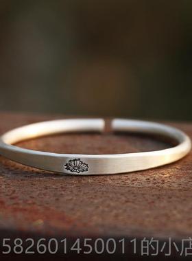 高档99间9纯银砂古代中扁磨平雏菊精致固体手自然文学覆古镯